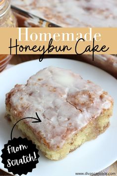 a close up of a piece of cake on a plate with the words homemade honeypun cake below it