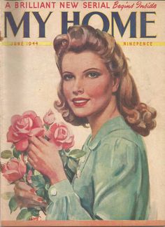 an old magazine cover with a woman holding roses in her hand and the words my home written on it