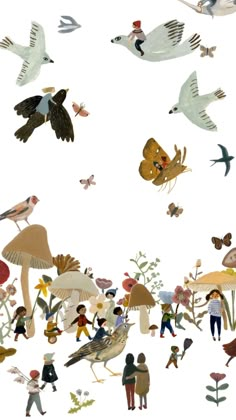 an image of many birds flying over people in the air with flowers and trees around them