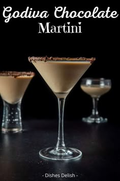 three glasses filled with chocolate martinis on top of a table