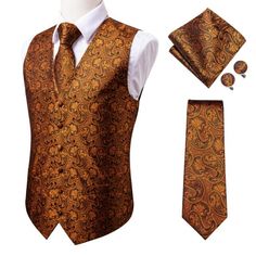 FEATURES Includes: Waistcoat, Necktie, Pocket Square and Cufflinks Material: 100% Handmade Silk Occasion: Wedding, Party, Business, Daily Look Gives your wardrobe an upscale look Free Worldwide Shipping Waistcoat Suit, Men Suits Wedding, Mens Waistcoat, Slim Vest, Mens Suit Vest, Necktie Set, Slim Fit Tuxedo, Suits Men, Brown Paisley