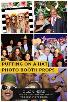 a group of people posing for pictures with hats on and balloons in the air above them