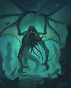 a demonic creature with red eyes standing in the middle of a dark cave filled with water