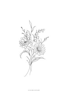 a black and white drawing of some flowers