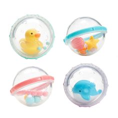 four plastic toys in different shapes and sizes, including a rubber ducky toy with an attached pacifier