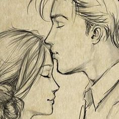 a drawing of two people kissing each other with their faces close together and the woman's hair blowing in the wind