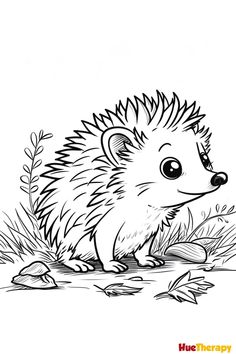 a hedgehog is sitting on the ground and looking at something in its mouth, with leaves around it