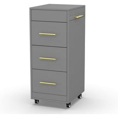 a gray filing cabinet with three drawers and two gold handles on the bottom, against a white background