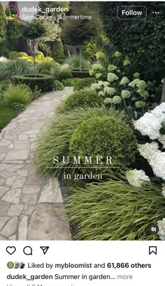 an image of a garden with flowers and plants on the side of it, which reads summer r in garden