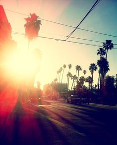 the sun shines brightly in front of palm trees on a city street at sunset