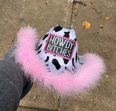 Bachelorette Party Cowgirl Hats, Pink Western 21st Birthday Party, Pink Cow Print Birthday Party Ideas, Customized Cowgirl Hats, Cowgirl 21 Birthday Party, Decorated Cowboy Hats, Pink Adult Birthday Party, Cow Print Cowgirl Hat, Cowgirl Party Outfit