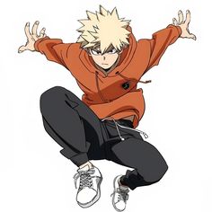 an anime character jumping in the air with his hands out and one foot on top of him