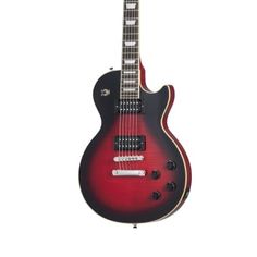 a red and black guitar on a white background