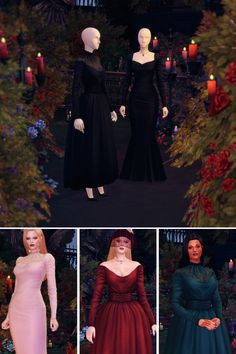 three mannequins dressed in evening gowns with candles and flowers behind them