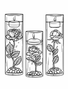 three glass vases with flowers and rocks in them, one is filled with water