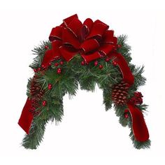 a christmas wreath with red bows and pine cones