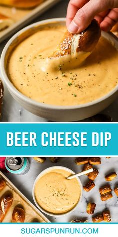 beer cheese dip in a bowl with pretzels on the side