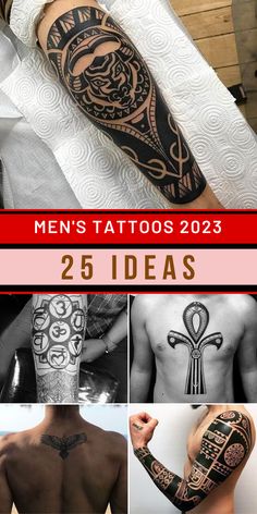 men's tattoos in different styles and designs on their arms, back and arm