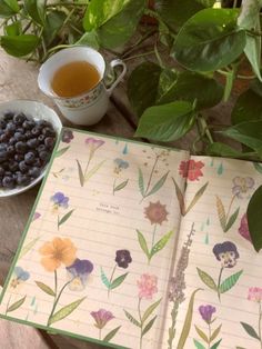 an open notebook sitting on top of a wooden table next to a bowl of blueberries