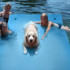 three girls and a dog are in the water on a blue raft with their owners