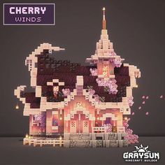 an image of a building made out of legos with cherry blossoms on the roof