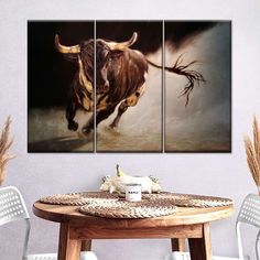 three panels of a bull running in the dark with long horns on it's head