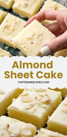 almond sheet cake on a cooling rack with text overlay