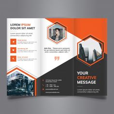 an orange and black tri fold brochure