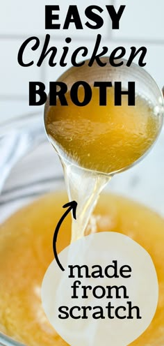 the ingredients for chicken broth are being poured into a glass bowl