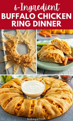 Buffalo chicken ring with shredded chicken breasts and crescent roll dough. Buffalo Ranch Shredded Chicken, Buffalo Chicken Wreath Recipe, Buffalo Chicken Dippers, Buffalo Chicken Wreath, Shredded Chicken Croissant, Buffalo Chicken Dip Roll Ups, Buffalo Chicken Cresent Roll Recipes, Buffalo Crescent Ring, Buffalo Chicken Quiche