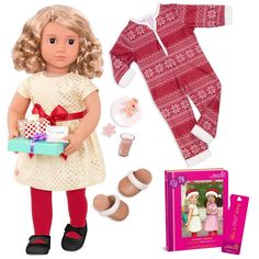 the doll is holding a gift box and it's contents