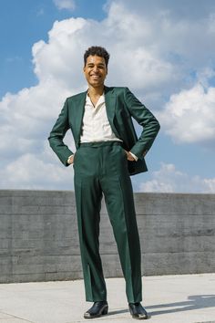 Mens Suits Green, Cuban Heel Boots, 70s Fashion Men, Casual Suits Men, Heels Boots Outfit, Silk Shirt Men, Boots Men Outfit, Green Dress Pants