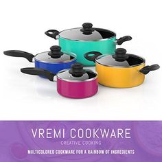 four pots and pans with the words vermi cookware creative cooking multicolored cookware for a rainbow of ingredients