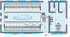 the floor plan for an ice cream shop with two rows of white and blue machines