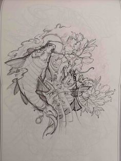 a pencil drawing of a fish and flowers