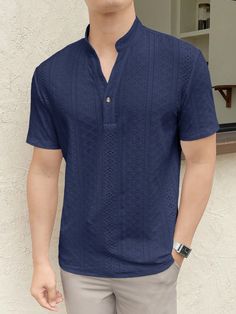 Men's Solid Color V-Neck Short Sleeve Casual Woven Shirt, Summer Navy Blue   Short Sleeve Woven Fabric   Non-Stretch  Men Clothing, size features are:Bust: ,Length: ,Sleeve Length: Casual Blue Short Sleeve V-neck Top, Blue Cotton Short Sleeve T-shirt, Casual Green V-neck Short Sleeve Top, Blue Relaxed Fit Short Sleeve T-shirt, V Neck Shirts, Kurta Men, Blue Moisture-wicking Short Sleeve T-shirt, Navy Blue Shorts, Short Shirts