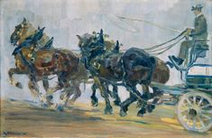 a painting of two horses pulling a man in a buggy with another horse behind them