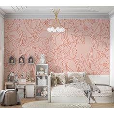 a bedroom with pink wallpaper and white furniture