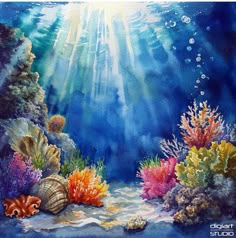 an underwater scene with corals and seaweed in the foreground, watercolor on paper