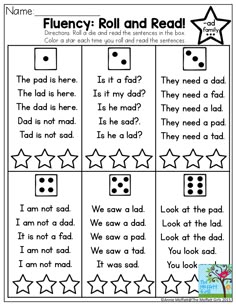 a printable worksheet for reading flueny roll and read with stars