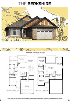 the berkshire floor plan is shown in two different colors and features an attached garage