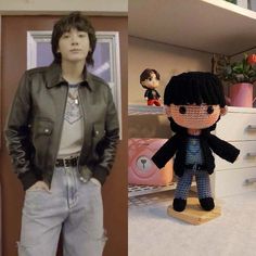 a man standing next to a stuffed animal and an image of a person in a leather jacket