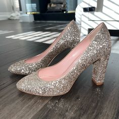 Wore Once. Sold Out Everywhere In This Design. Gorgeous Classy Shoe. Purchased Directly From The Website. No Flaws On Leather Or Sparkles. Comes With Box. Chunky Heel Pumps, Classy Shoes, Kate Spade Shoes, Moving Sale, Chunky Heel, Silver Glitter, Chunky Heels, Shoes Women Heels, Kate Spade