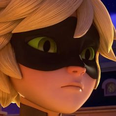 an animated image of a catwoman with green eyes and blonde hair, wearing a black mask