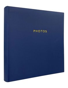 a blue photo album with the word photos written in gold on it's cover