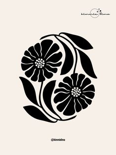 a black and white flower with leaves on it's side, in the shape of a circle