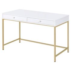 a white desk with two drawers and gold legs