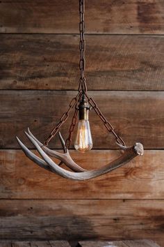 a light fixture with antlers hanging from it's sides on a wooden wall