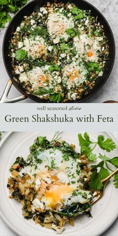 two plates with eggs and spinach on them next to the same pan filled with food