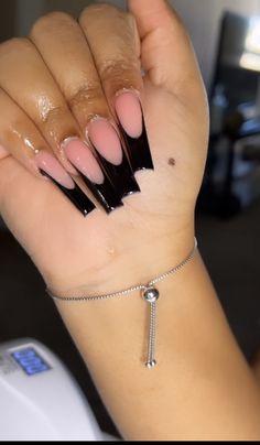 Cut French Tip Nails, V Cut French Tip Nails, French Tip Long, Every Day Nails, Glittery Acrylic Nails, White Tip Acrylic Nails, Black Silver Nails, Black French Tip, Fye Nails